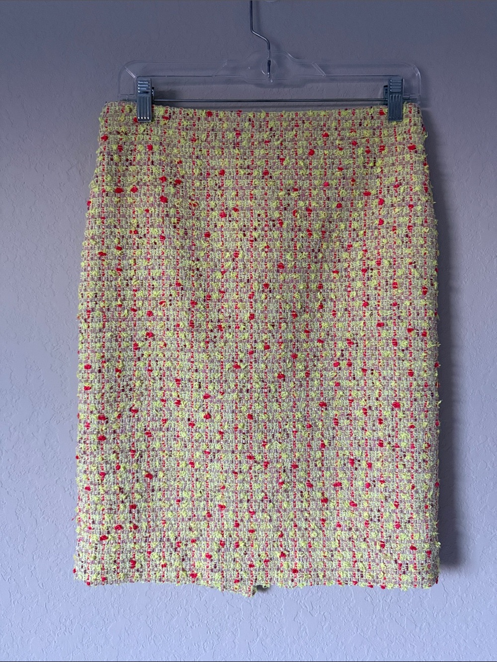 J. Crew Neon Yellow Tweed Pencil Skirt with Pink Flecks
